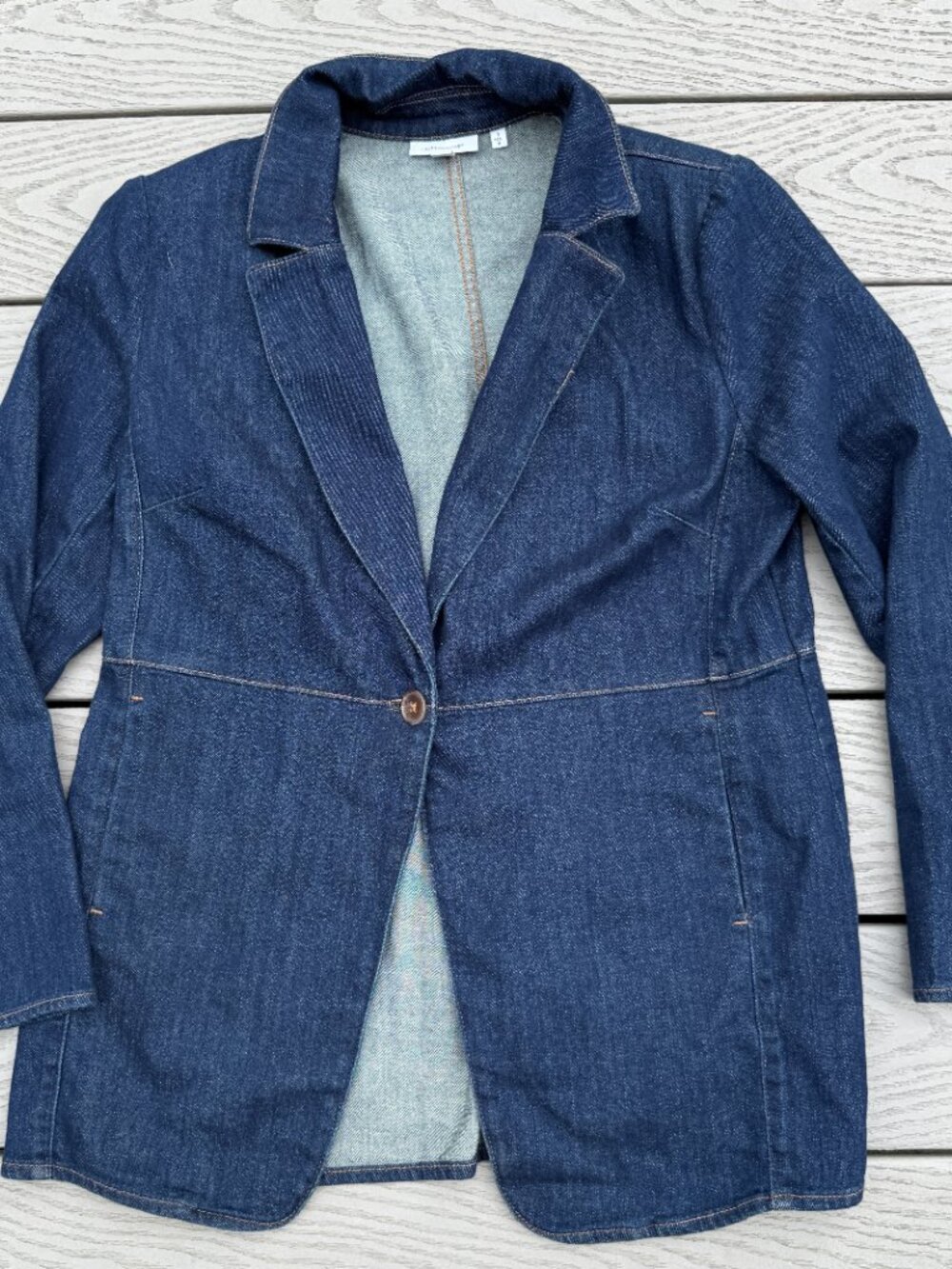 CHICO'S Long Blue Denim Jacket Size 1/8